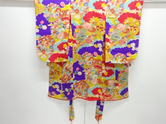 JAPANESE KIMONO / ANTIQUE MON KINSHA KIMONO / FLOWER PATTERN CLOUDS